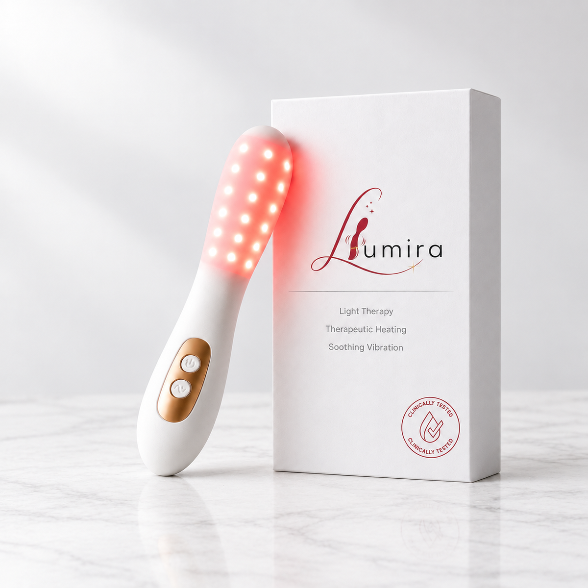 Lumira Restore Wand with packaging on marble background